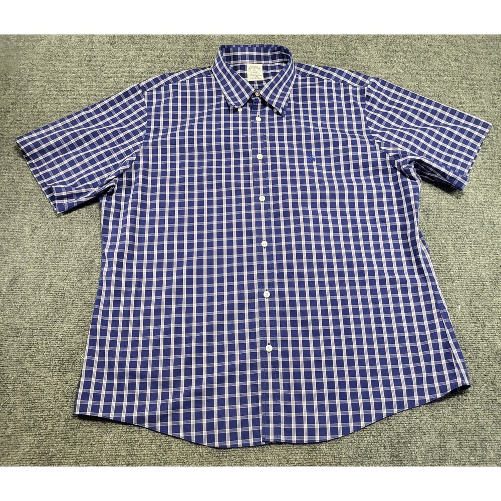 Men's Brooks Brothers Regent Shirt XL Blue Button Down Puckerware Plaid Checker - Picture 1 of 16